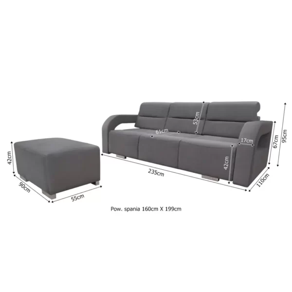 sofa rozkładana ALISS z pufem - wymiary