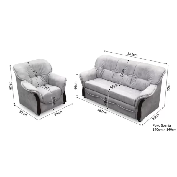 zestaw HONORATA: rozkładana sofa + fotel z pojemnikiem - wymiary