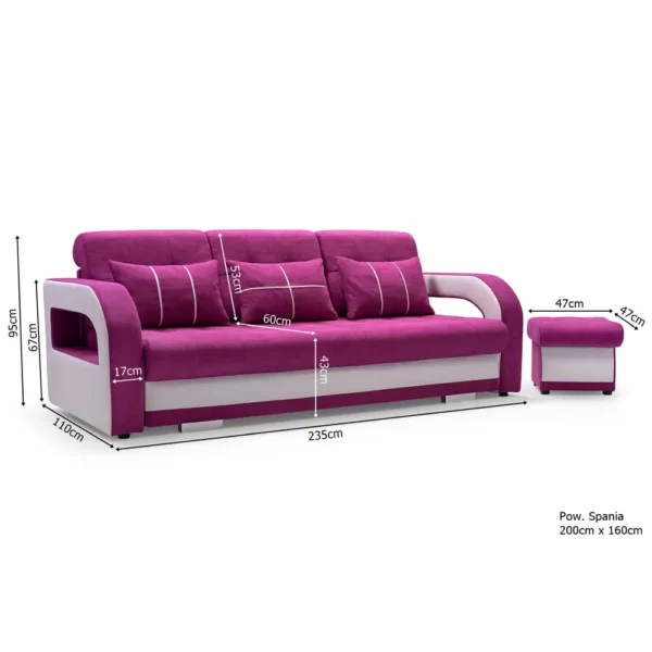 sofa rozkładana NINA z pufem - wymiary